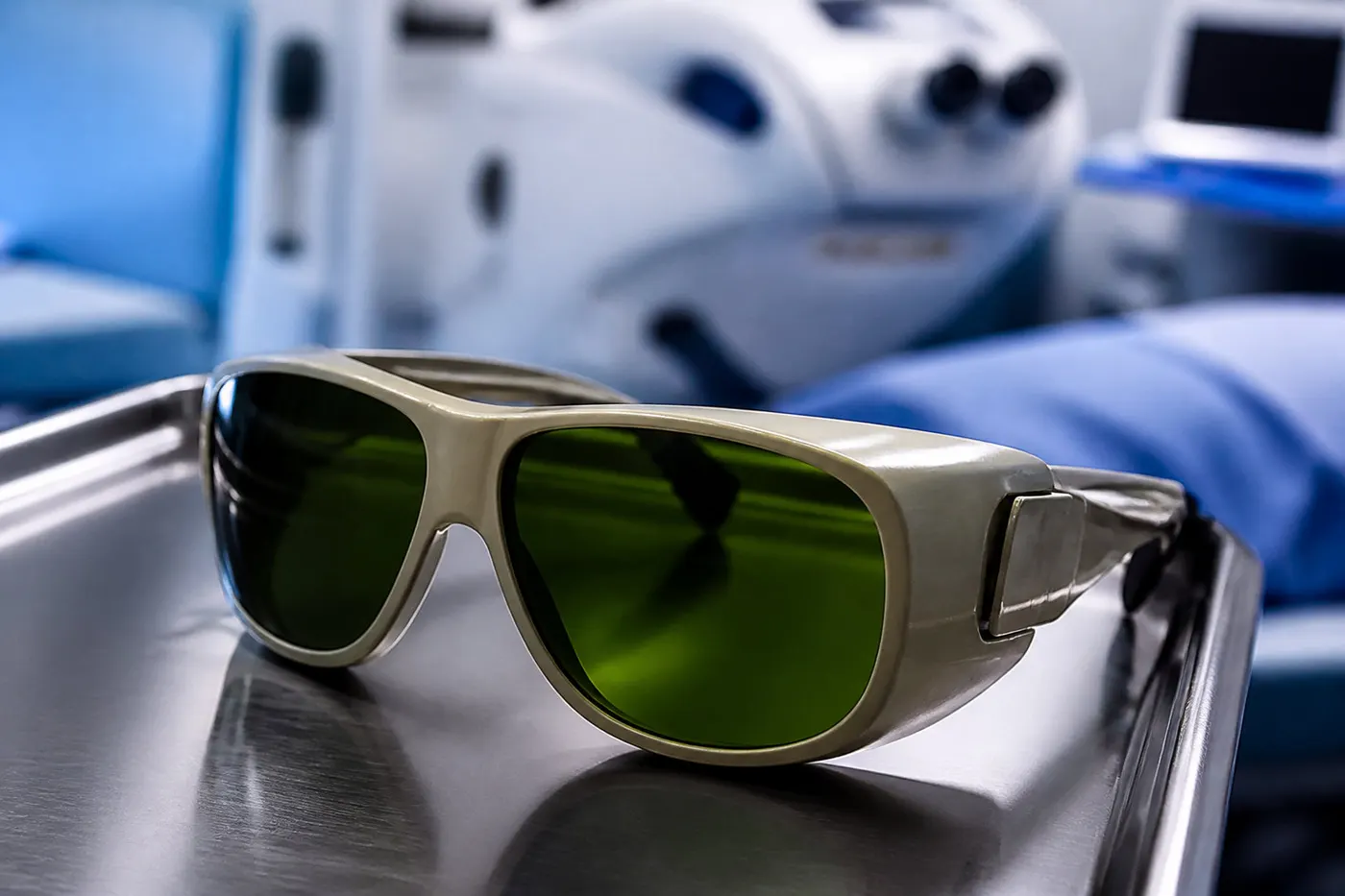 Lunettes de protection laser aux verres verts posées sur un plateau en inox, devant un appareil laser