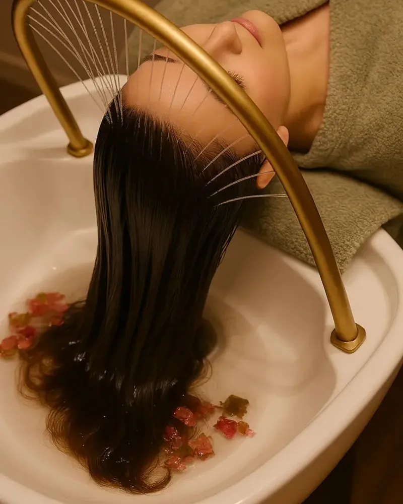 Cheveux dans le bac du head spa sous l'arche d'eau, pétales de fleurs, chez Oraskin à Lille