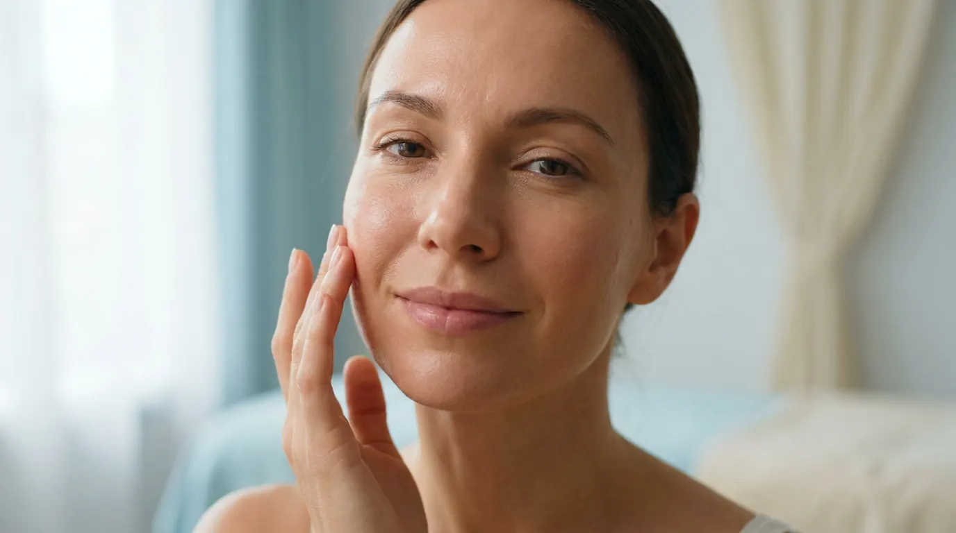 Microneedling à Lille - Femme effleurant la peau lumineuse de son visage